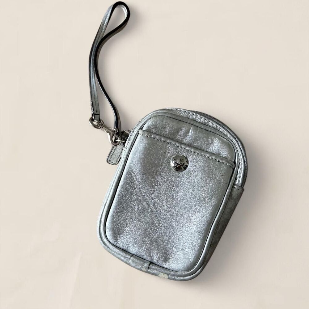 Coach silver metallic leather wristlet zip pouch Y2K mini bag